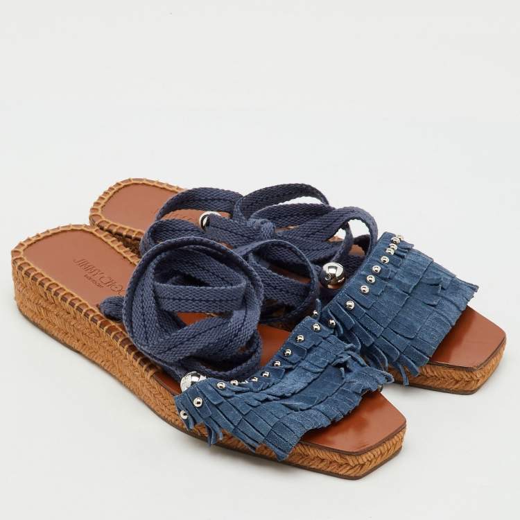 Pre Owned Jimmy Choo Blue Fringe Suede Denim Aisha Espadrille Ankle Wrap Sandals Size 38.5
