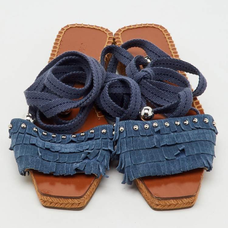 Pre Owned Jimmy Choo Blue Fringe Suede Denim Aisha Espadrille Ankle Wrap Sandals Size 38.5