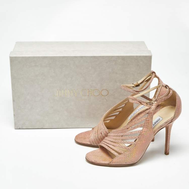 Pre Owned immy Choo Pink Snakeskin Embossed Leather Florry Sandals Size 36.5
