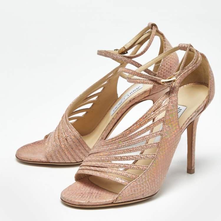 Pre Owned immy Choo Pink Snakeskin Embossed Leather Florry Sandals Size 36.5
