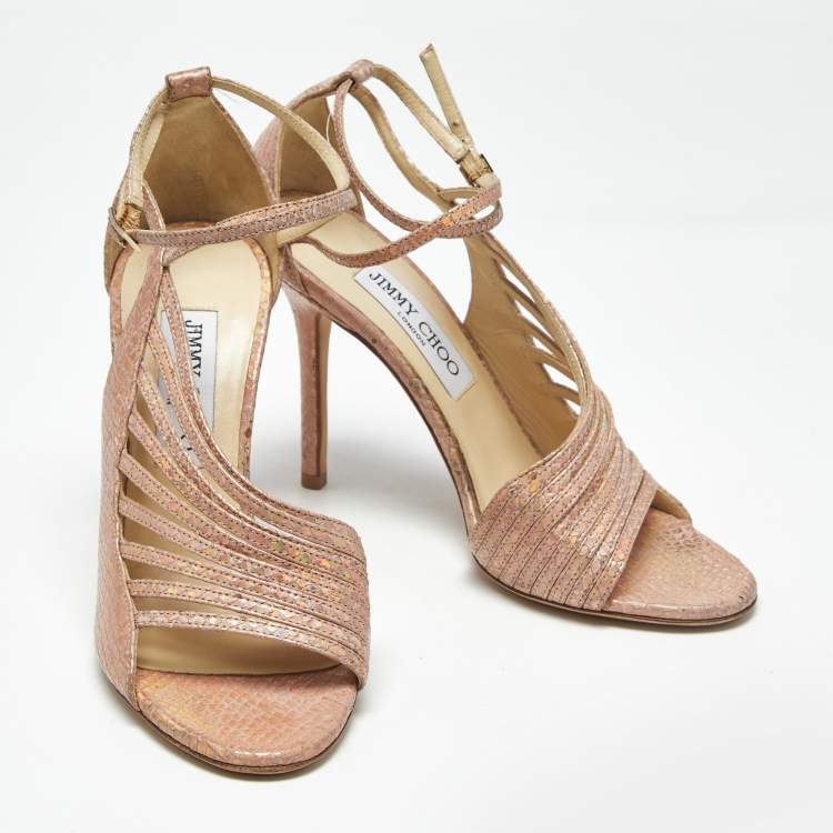 Pre Owned immy Choo Pink Snakeskin Embossed Leather Florry Sandals Size 36.5