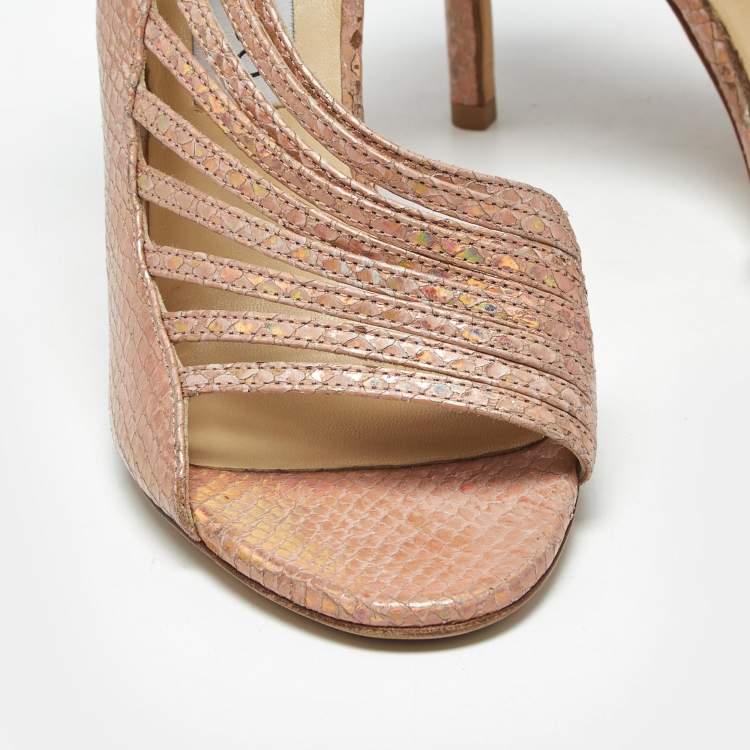 Pre Owned immy Choo Pink Snakeskin Embossed Leather Florry Sandals Size 36.5