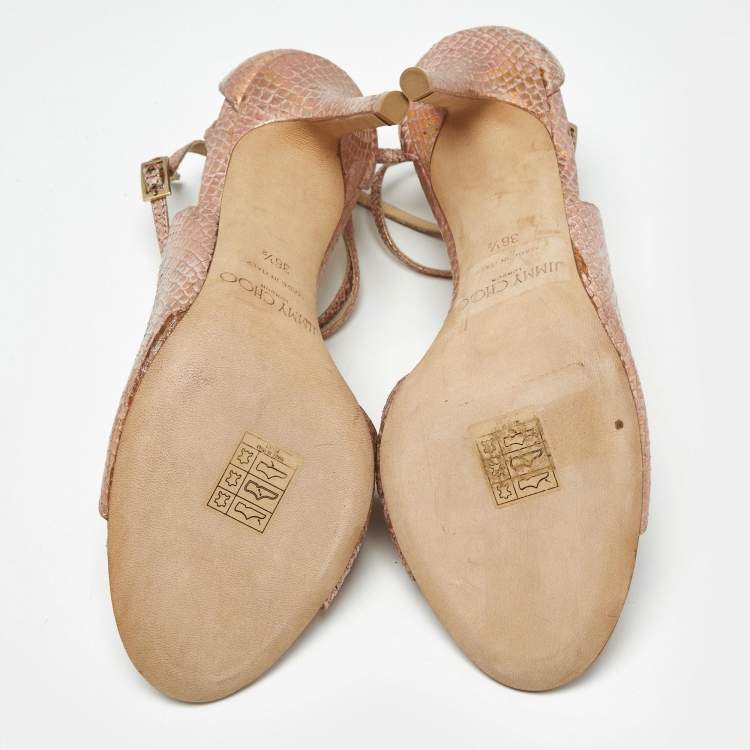 Pre Owned immy Choo Pink Snakeskin Embossed Leather Florry Sandals Size 36.5