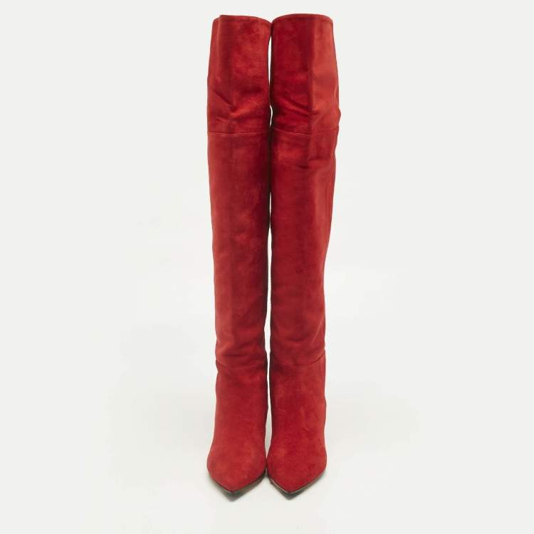 Pre Owned Jimmy Choo Red Suede Rise 50 Knee Length Boots Size 40