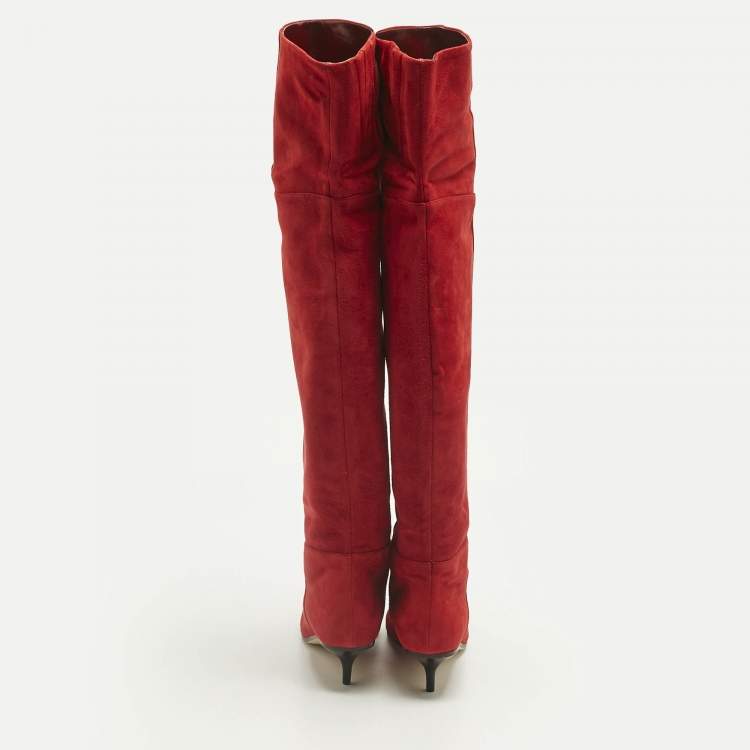 Pre Owned Jimmy Choo Red Suede Rise 50 Knee Length Boots Size 40
