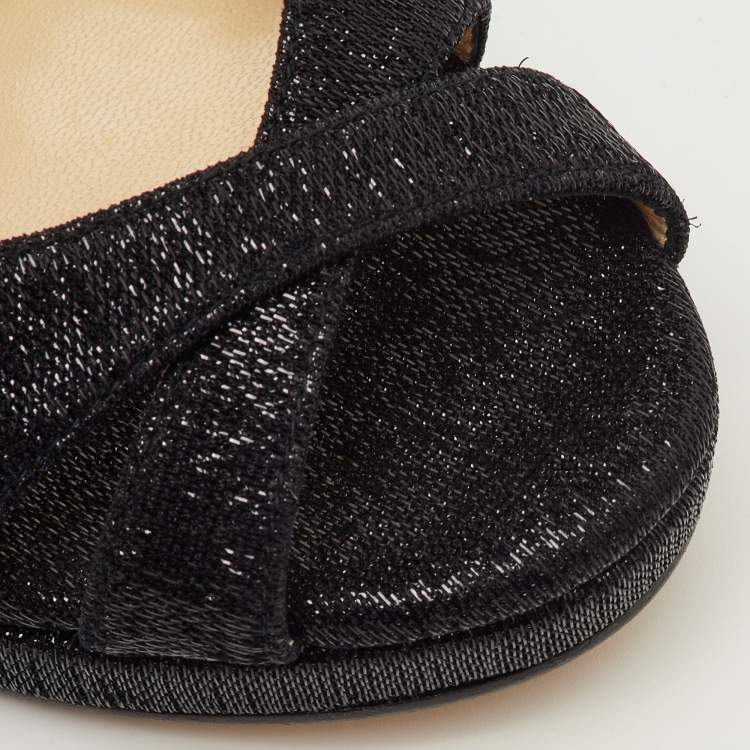 Pre Owned Jimmy Choo Almer Size 34.5 Black Metallic Lurex Fabric Criss Cross Wedge Sandals