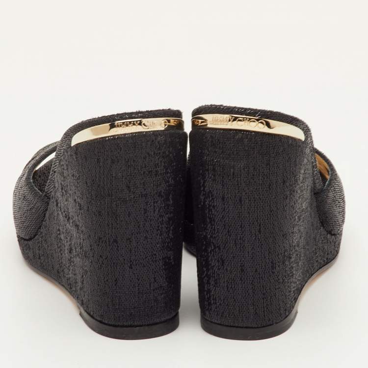 Pre Owned Jimmy Choo Almer Size 34.5 Black Metallic Lurex Fabric Criss Cross Wedge Sandals