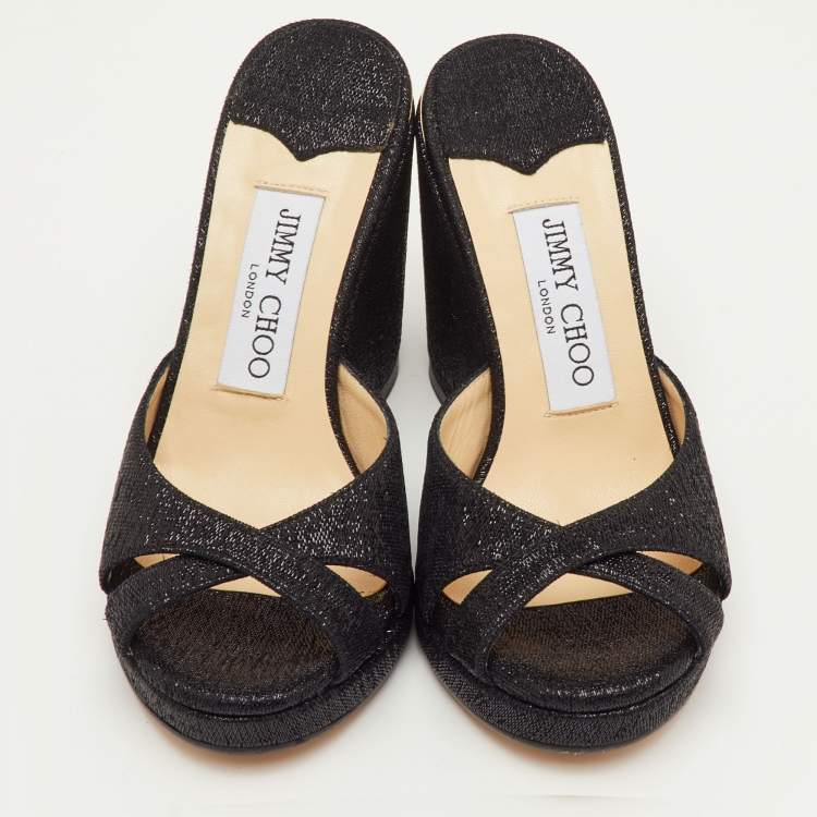 Pre Owned Jimmy Choo Almer Size 34.5 Black Metallic Lurex Fabric Criss Cross Wedge Sandals