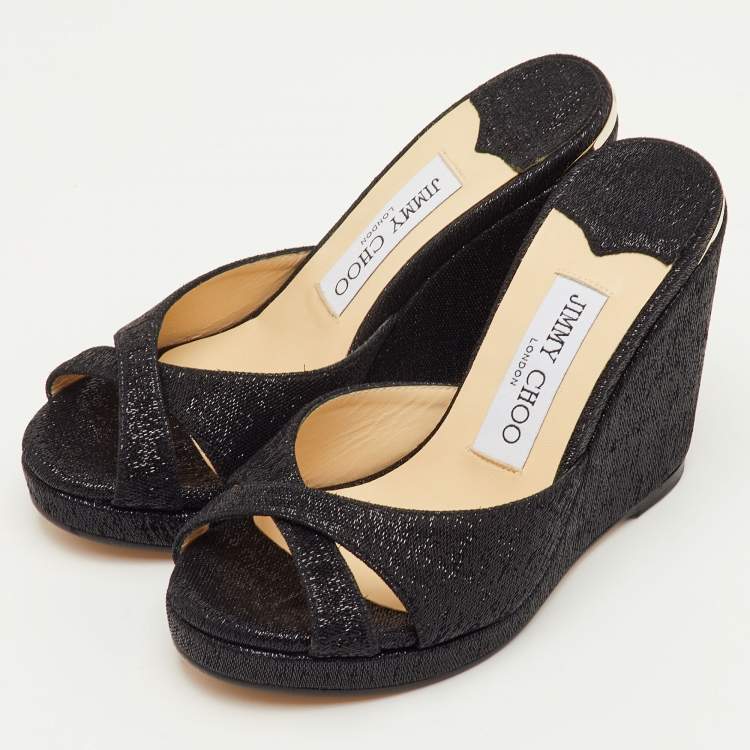 Pre Owned Jimmy Choo Almer Size 34.5 Black Metallic Lurex Fabric Criss Cross Wedge Sandals