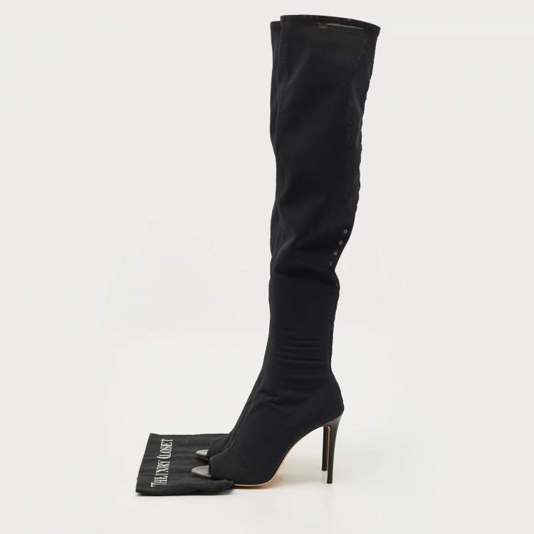 Pre Owned Jimmy Choo Size 39 Black Leather and Mesh Open Toe Over The Knee Boots
