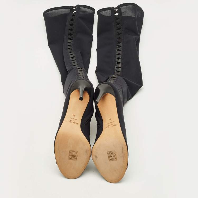 Pre Owned Jimmy Choo Size 39 Black Leather and Mesh Open Toe Over The Knee Boots