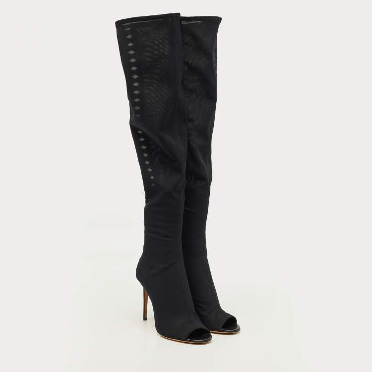 Pre Owned Jimmy Choo Size 39 Black Leather and Mesh Open Toe Over The Knee Boots
