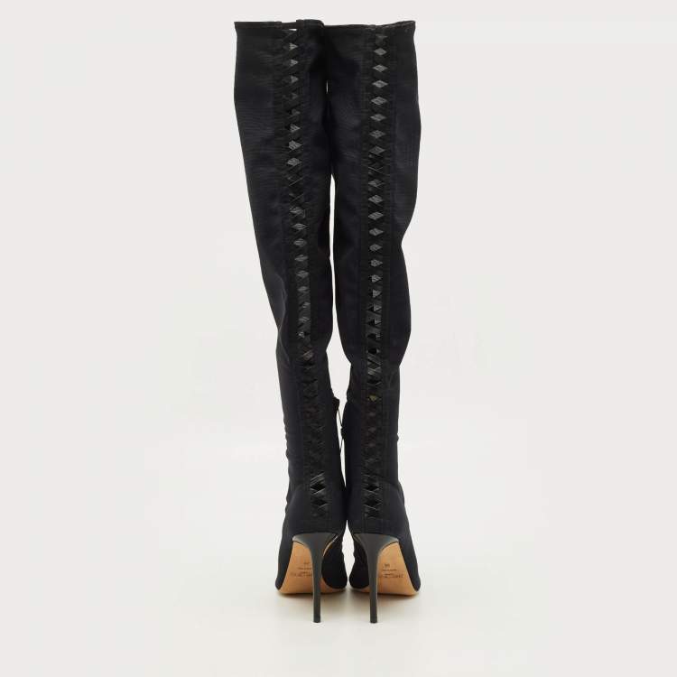 Pre Owned Jimmy Choo Size 39 Black Leather and Mesh Open Toe Over The Knee Boots