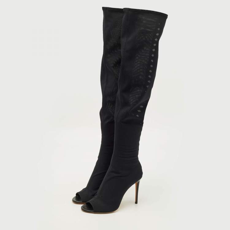 Pre Owned Jimmy Choo Size 39 Black Leather and Mesh Open Toe Over The Knee Boots