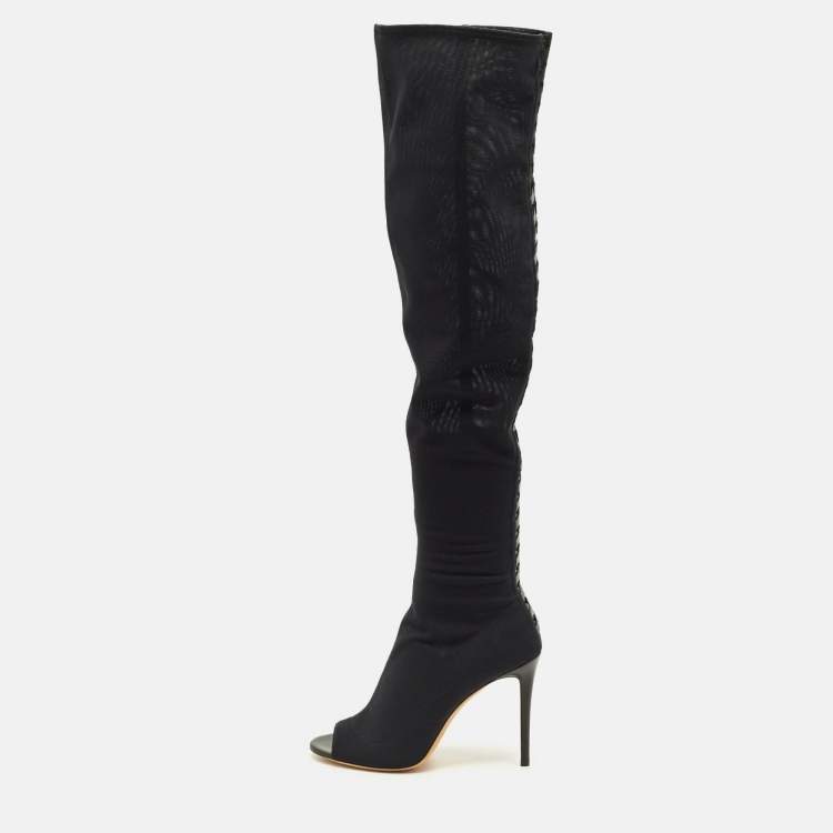 Pre Owned Jimmy Choo Size 39 Black Leather and Mesh Open Toe Over The Knee Boots