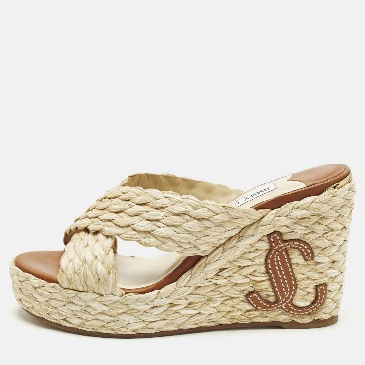 Pre Owned Jimmy Choo Dovina Size 38 Beige Raffia Wedge Sandals
