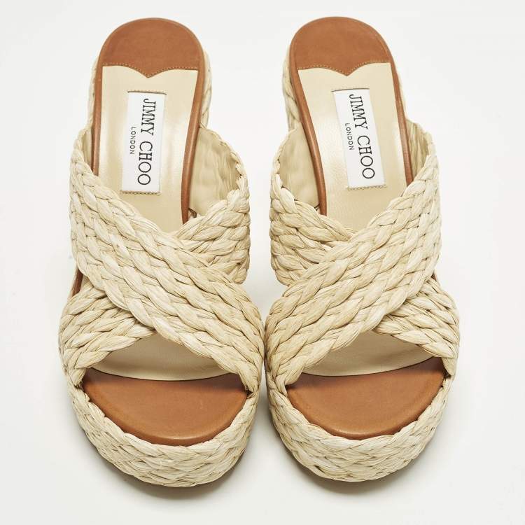 Pre Owned Jimmy Choo Dovina Size 38 Beige Raffia Wedge Sandals