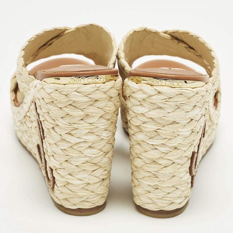 Pre Owned Jimmy Choo Dovina Size 38 Beige Raffia Wedge Sandals