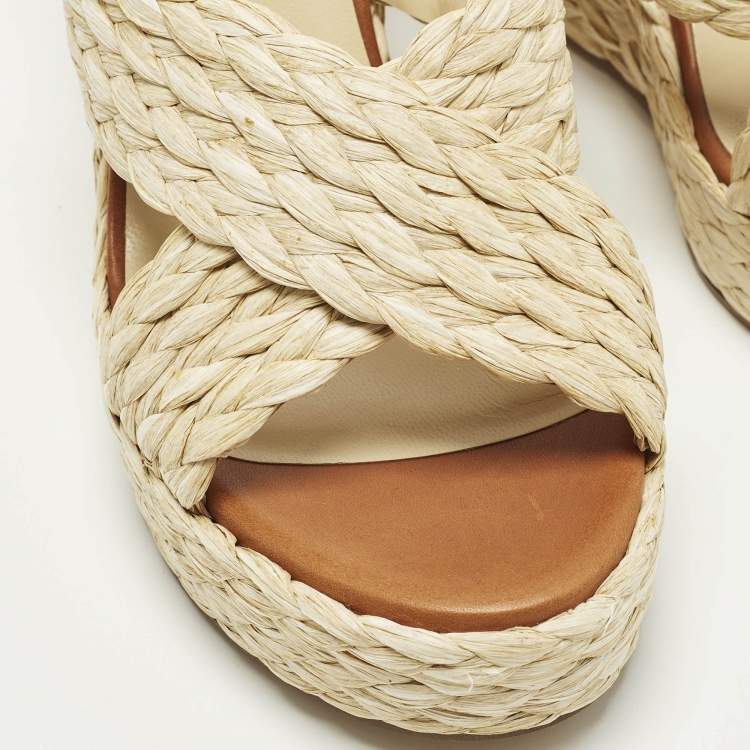 Pre Owned Jimmy Choo Dovina Size 38 Beige Raffia Wedge Sandals