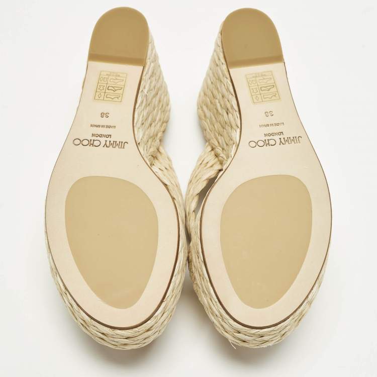 Pre Owned Jimmy Choo Dovina Size 38 Beige Raffia Wedge Sandals
