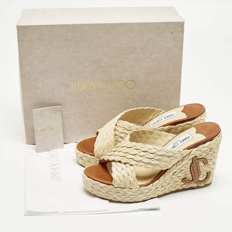 Pre Owned Jimmy Choo Dovina Size 38 Beige Raffia Wedge Sandals