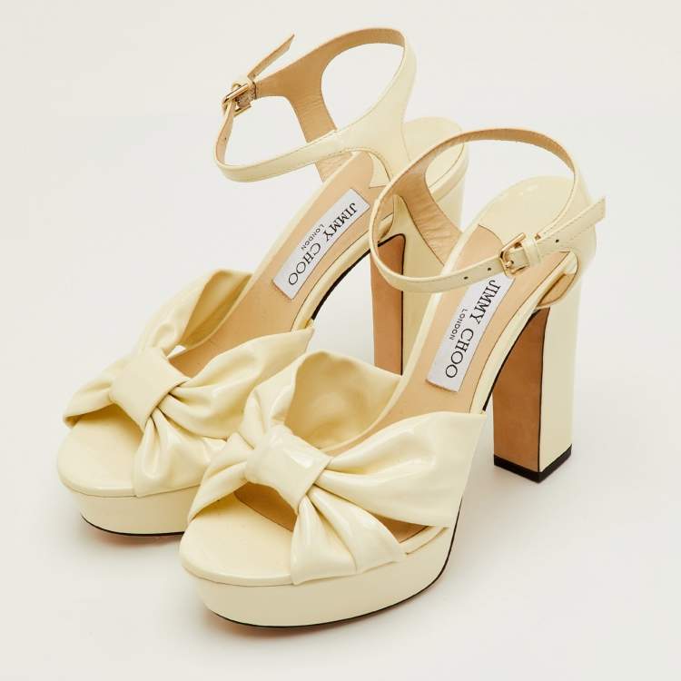 Pre Owned Jimmy Choo Heloise Size 39.5 Cream Patent Leather Ankle Strap Platform Sandals