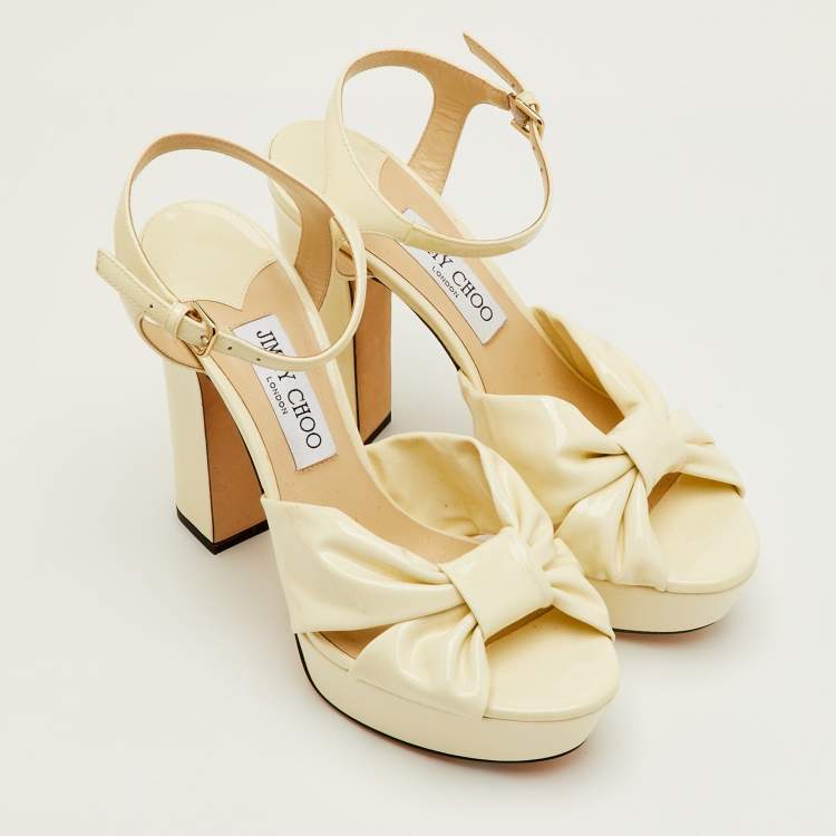 Pre Owned Jimmy Choo Heloise Size 39.5 Cream Patent Leather Ankle Strap Platform Sandals
