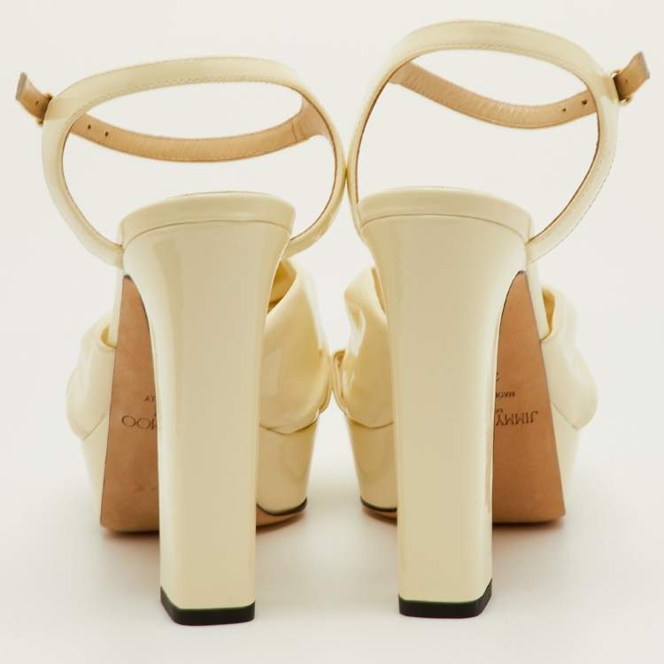 Pre Owned Jimmy Choo Heloise Size 39.5 Cream Patent Leather Ankle Strap Platform Sandals