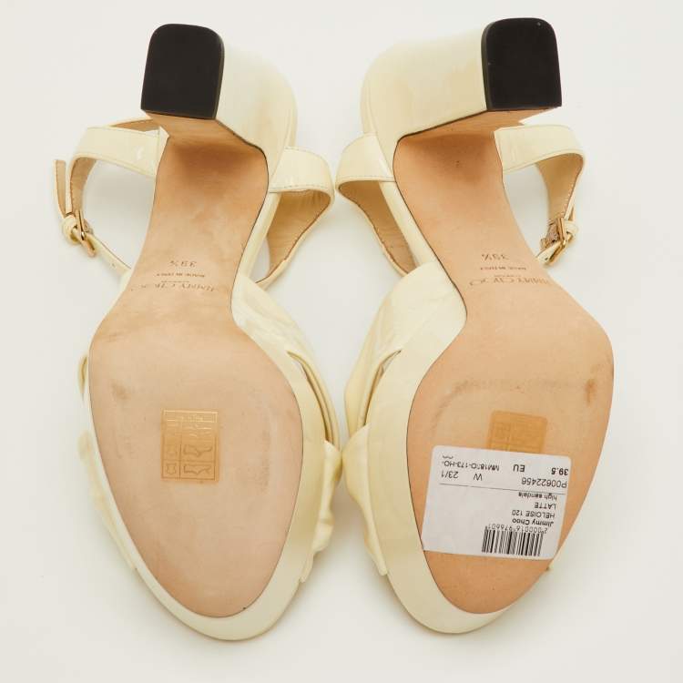 Pre Owned Jimmy Choo Heloise Size 39.5 Cream Patent Leather Ankle Strap Platform Sandals