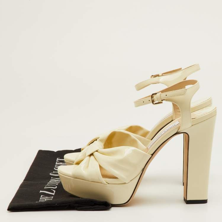 Pre Owned Jimmy Choo Heloise Size 39.5 Cream Patent Leather Ankle Strap Platform Sandals