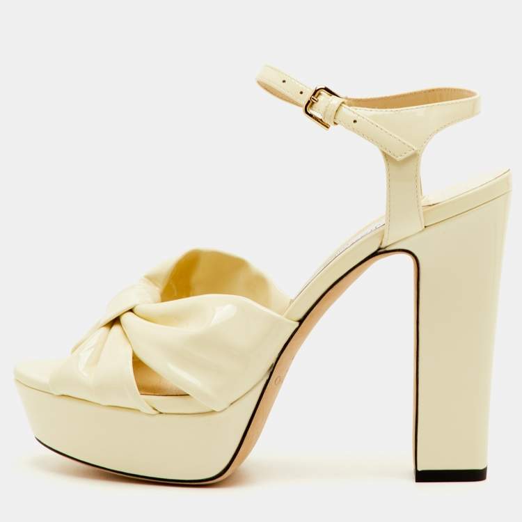 Pre Owned Jimmy Choo Heloise Size 39.5 Cream Patent Leather Ankle Strap Platform Sandals