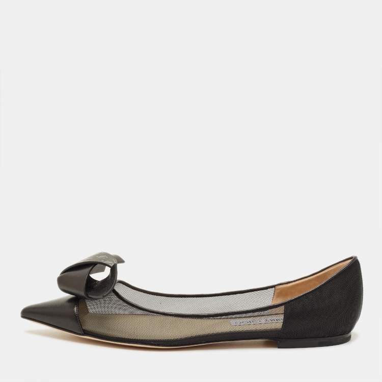مملوكة مسبقًا Jimmy Choo Size 41 Black Leather and Mesh Bow Ballet Flats