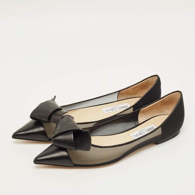 مملوكة مسبقًا Jimmy Choo Size 41 Black Leather and Mesh Bow Ballet Flats