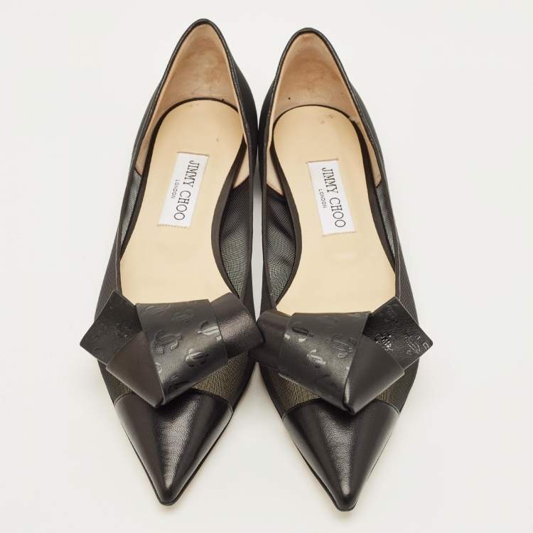 مملوكة مسبقًا Jimmy Choo Size 41 Black Leather and Mesh Bow Ballet Flats