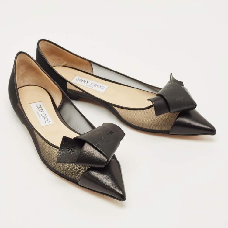 مملوكة مسبقًا Jimmy Choo Size 41 Black Leather and Mesh Bow Ballet Flats