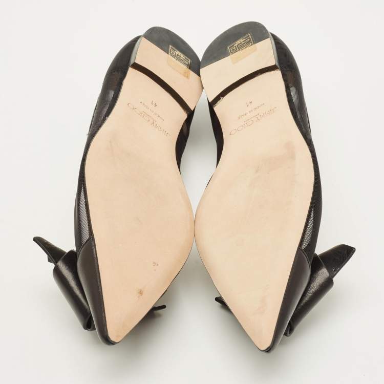 مملوكة مسبقًا Jimmy Choo Size 41 Black Leather and Mesh Bow Ballet Flats
