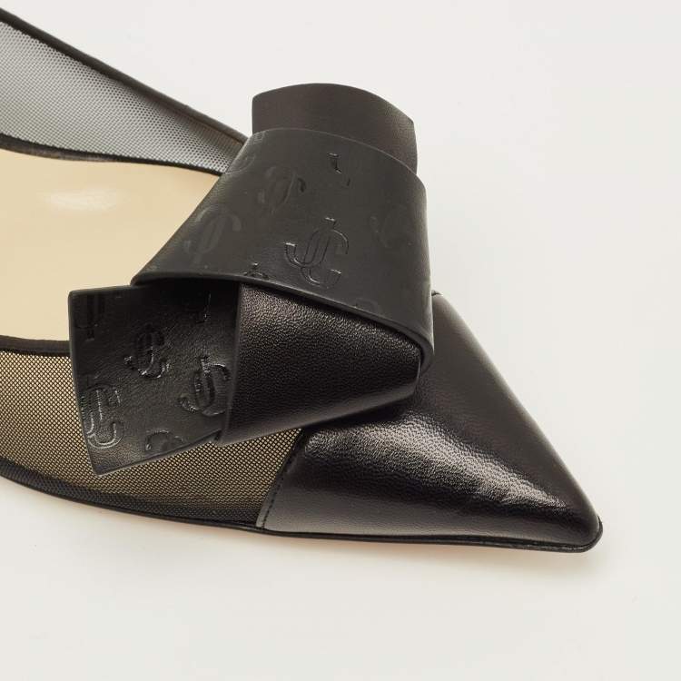 مملوكة مسبقًا Jimmy Choo Size 41 Black Leather and Mesh Bow Ballet Flats