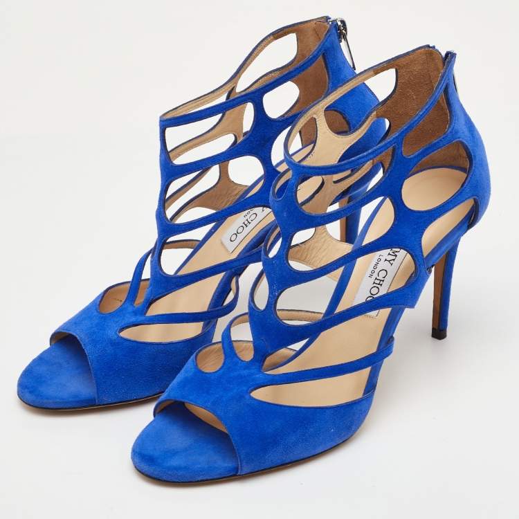 Pre Owned Jimmy Choo Ren Size 40.5 Blue Suede Caged Ankle Strap Sandals