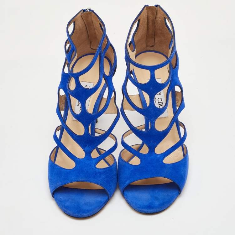 Pre Owned Jimmy Choo Ren Size 40.5 Blue Suede Caged Ankle Strap Sandals