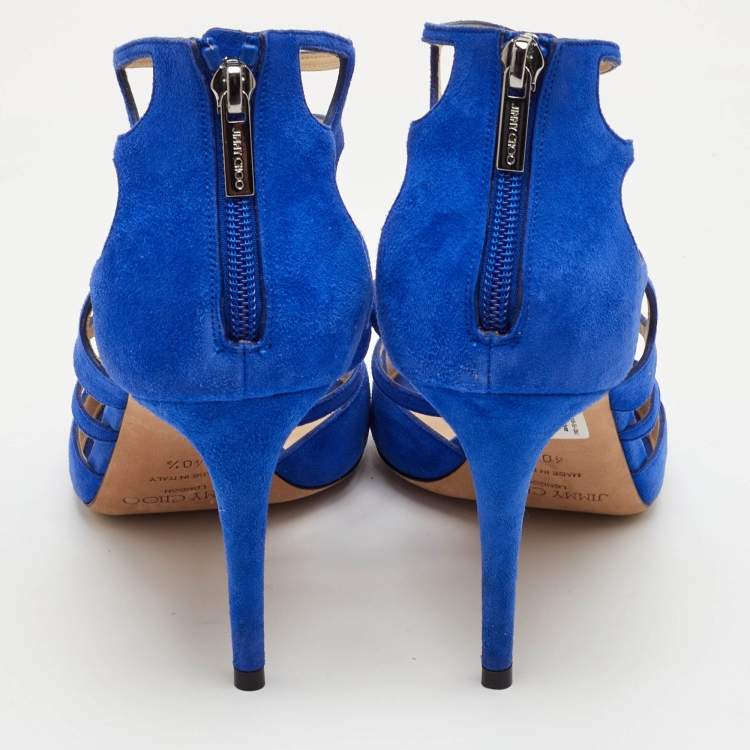 Pre Owned Jimmy Choo Ren Size 40.5 Blue Suede Caged Ankle Strap Sandals