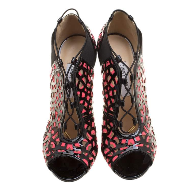 مملوكة مسبقًا Jimmy Choo Two Tone Laser Cut Leather and Fabric Tactic Lace Up Booties Size 41