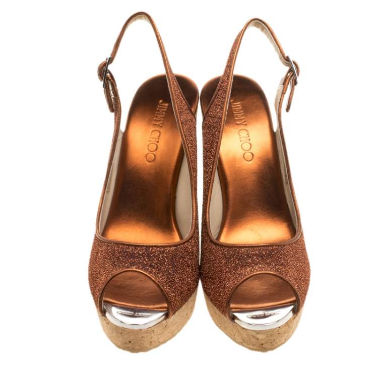 Pre Owned Jimmy Choo Metallic Pop Orange Lurex Prova Slingback Cork Wedge Sandals Size 40