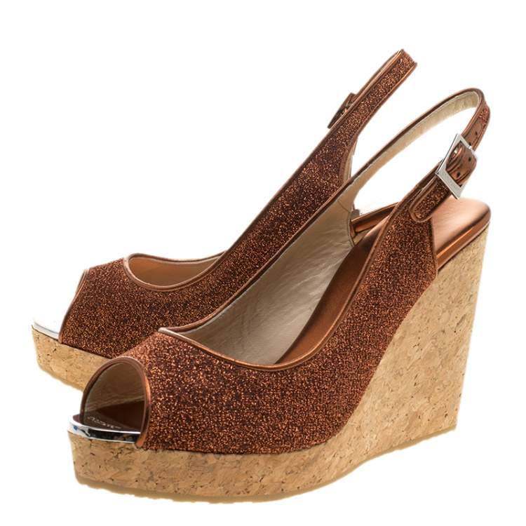 Pre Owned Jimmy Choo Metallic Pop Orange Lurex Prova Slingback Cork Wedge Sandals Size 40