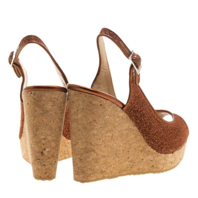 Pre Owned Jimmy Choo Metallic Pop Orange Lurex Prova Slingback Cork Wedge Sandals Size 40