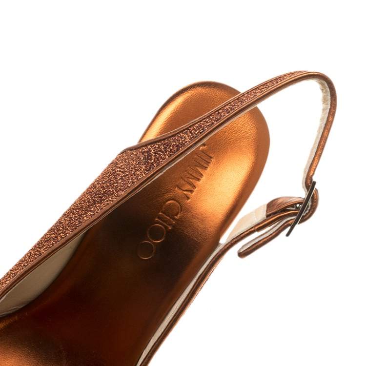 Pre Owned Jimmy Choo Metallic Pop Orange Lurex Prova Slingback Cork Wedge Sandals Size 40