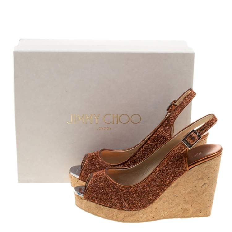 Pre Owned Jimmy Choo Metallic Pop Orange Lurex Prova Slingback Cork Wedge Sandals Size 40