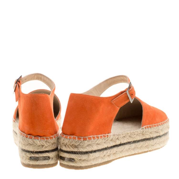 Pre Owned Jimmy Choo Pop Orange Suede Delphine Ankle Strap Espadrille Platform Sandals Size 40