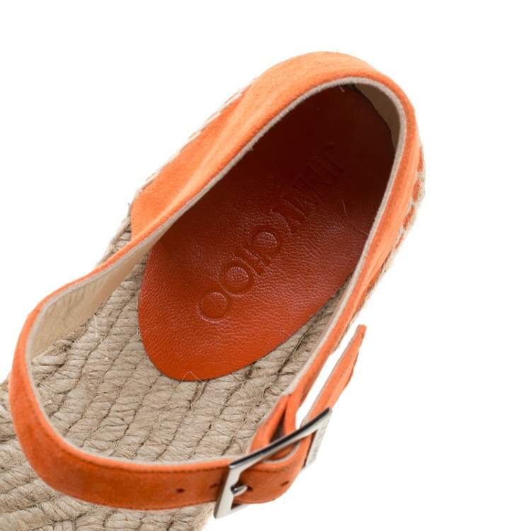Pre Owned Jimmy Choo Pop Orange Suede Delphine Ankle Strap Espadrille Platform Sandals Size 40