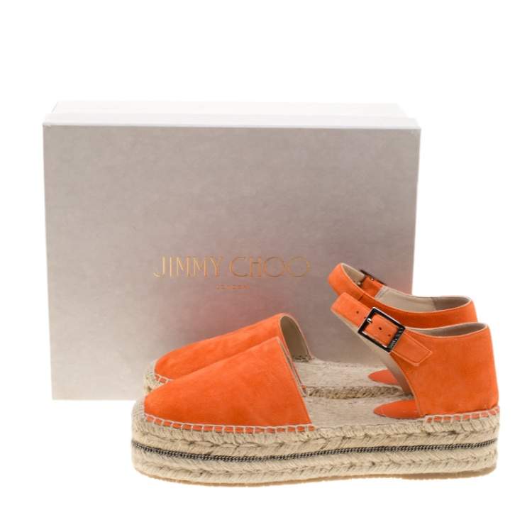Pre Owned Jimmy Choo Pop Orange Suede Delphine Ankle Strap Espadrille Platform Sandals Size 40