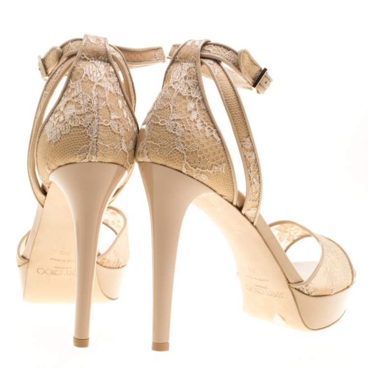 Pre Owned Jimmy Choo Beige Lace Kayden Ankle Strap Platform Sandals Size 40
